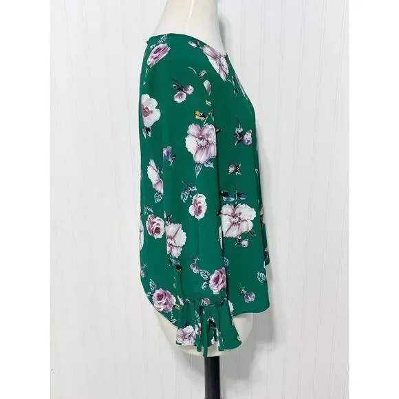 Live To Be Spoiled Floral Print Long Bell Sleeve Blouse Keyhole Back Green Large - Picture 4 of 14